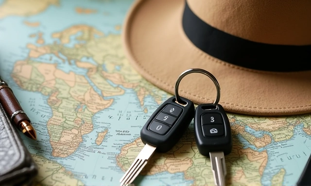 Car keys and rental documents on a desk